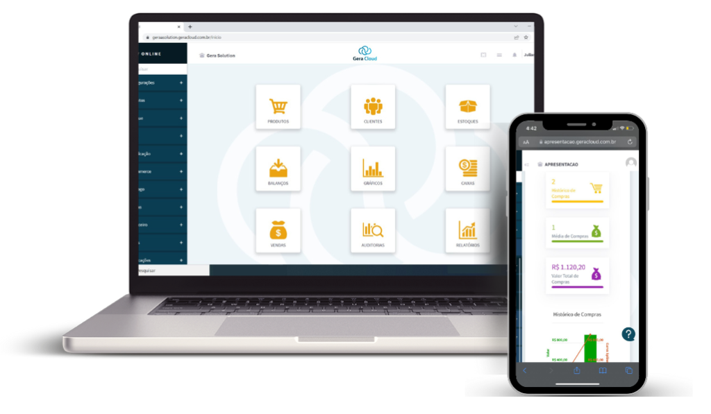 Painel do sistema GeraCloud sendo usado em notebook e celular